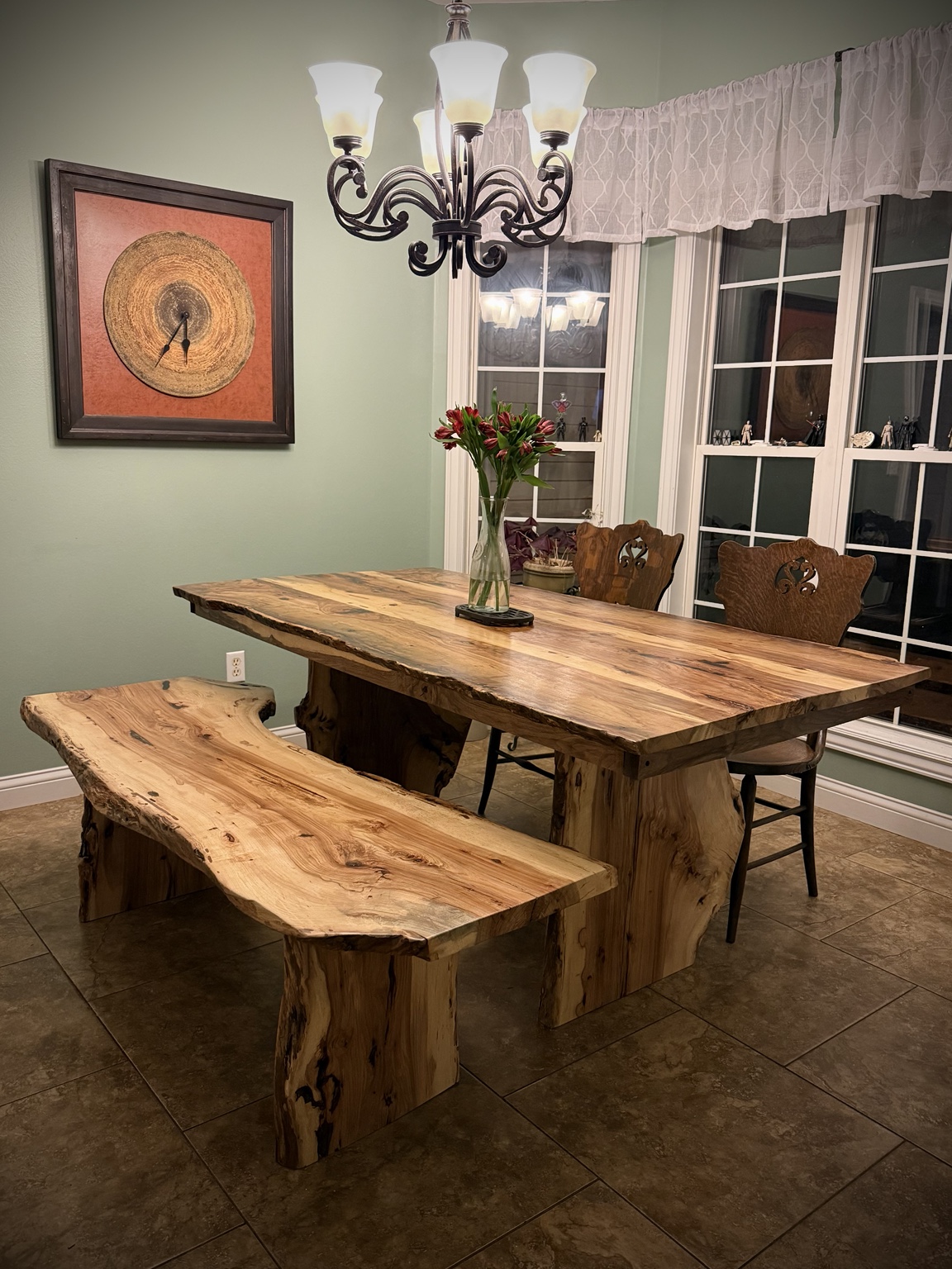 Handcrafted live-edge dining table and bench by Camp Fisher Creations