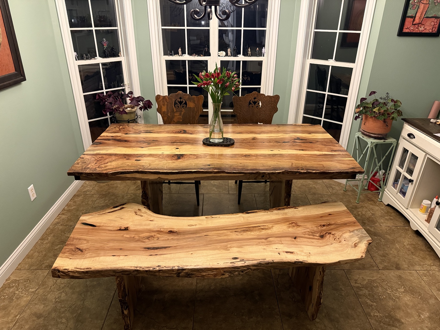 Custom live-edge dining table and bench